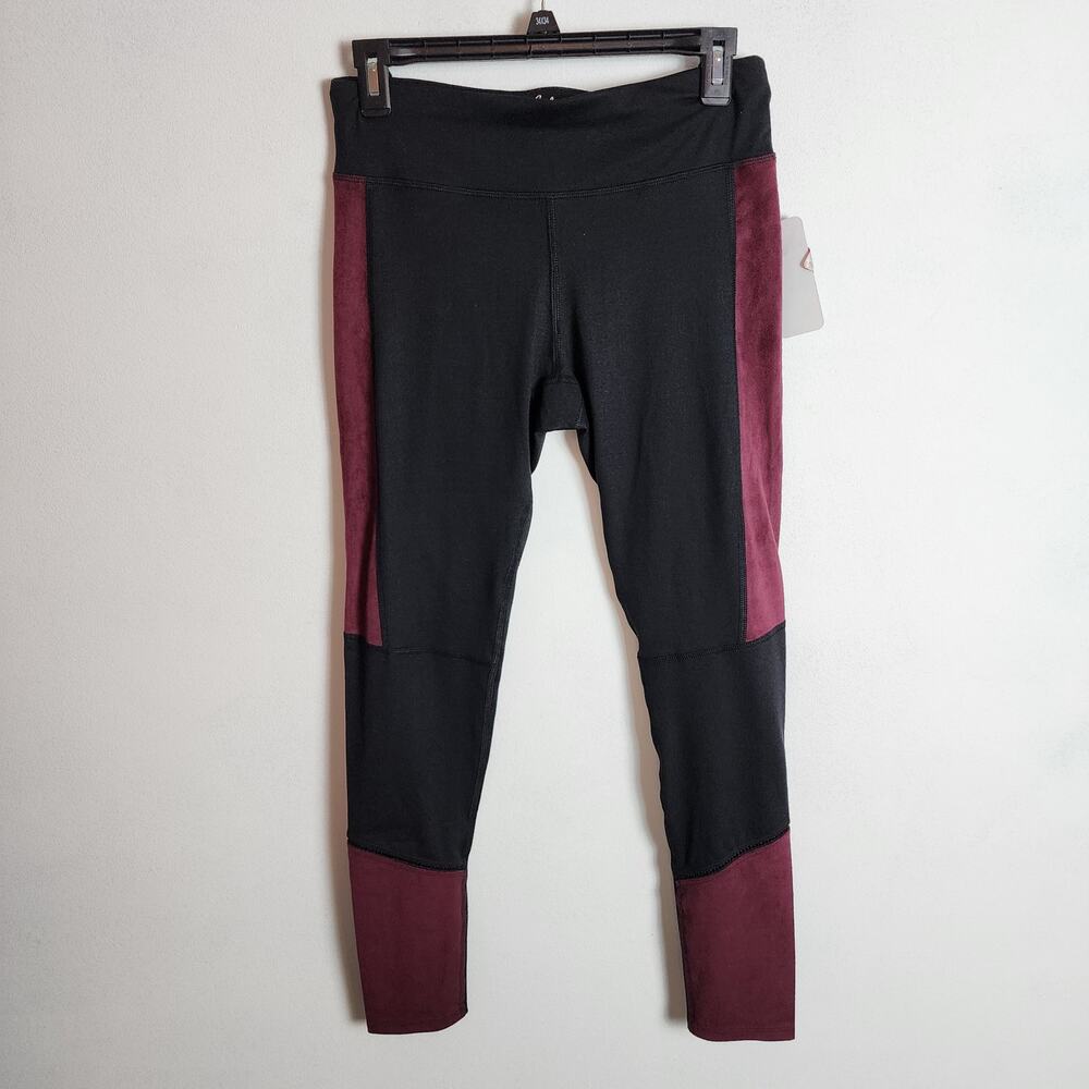 Splendid Womens Ankle Leggings Size S Black Maroon Colorblock Suede Panel Active